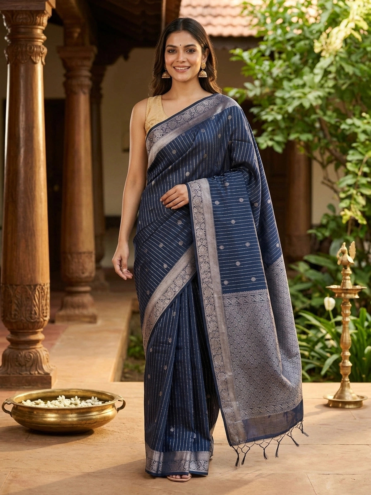 Navy Blue and Silver Silk Cotton Saree