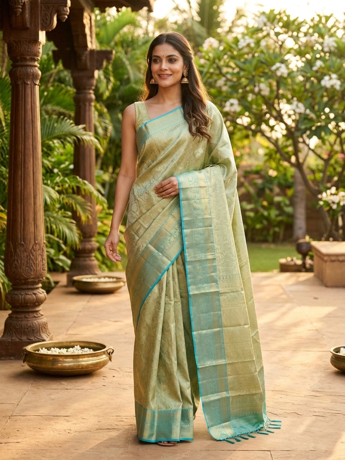 Pista green pure Kanchipuram silk saree with gold zari brocade body and turquoise blue contrast border