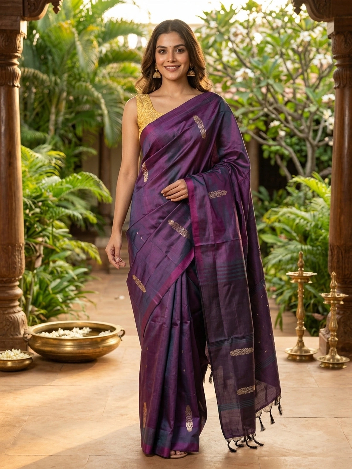 Purple and teal dual-tone banana silk saree with gold zari buttas and striped border