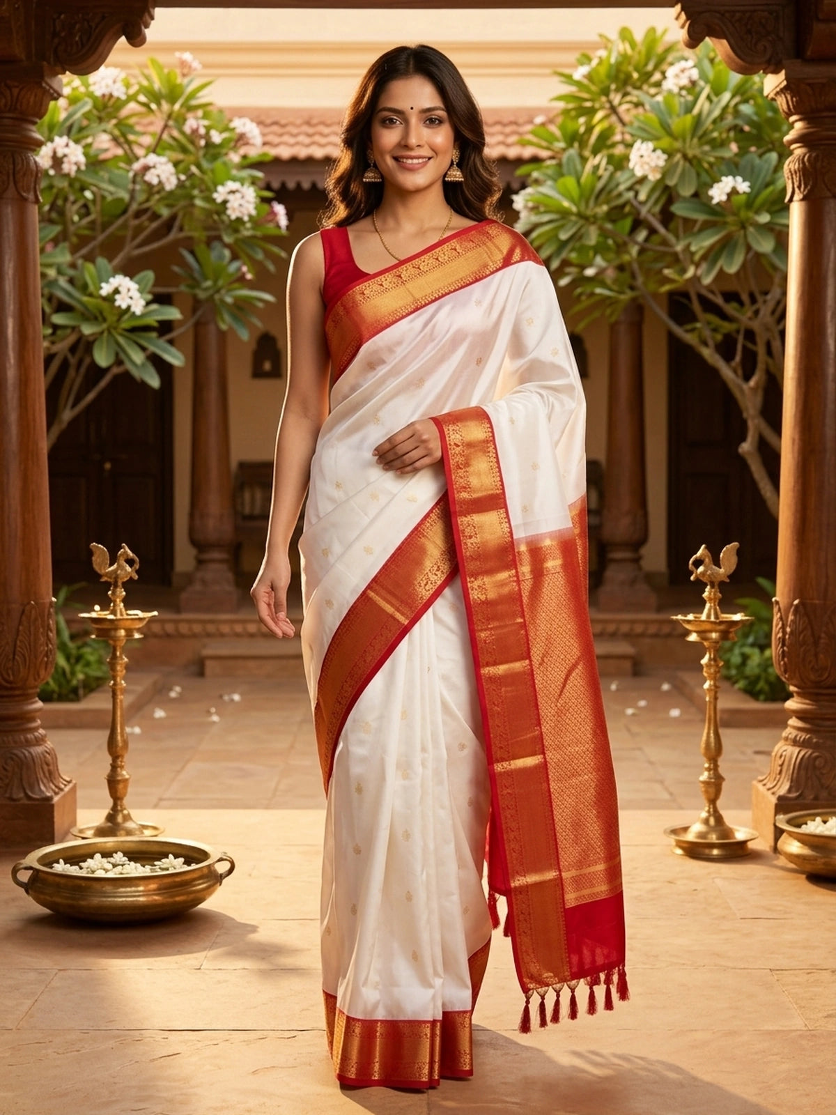 White pure Kanchipuram silk saree with contrast red border and gold zari buttas and pallu