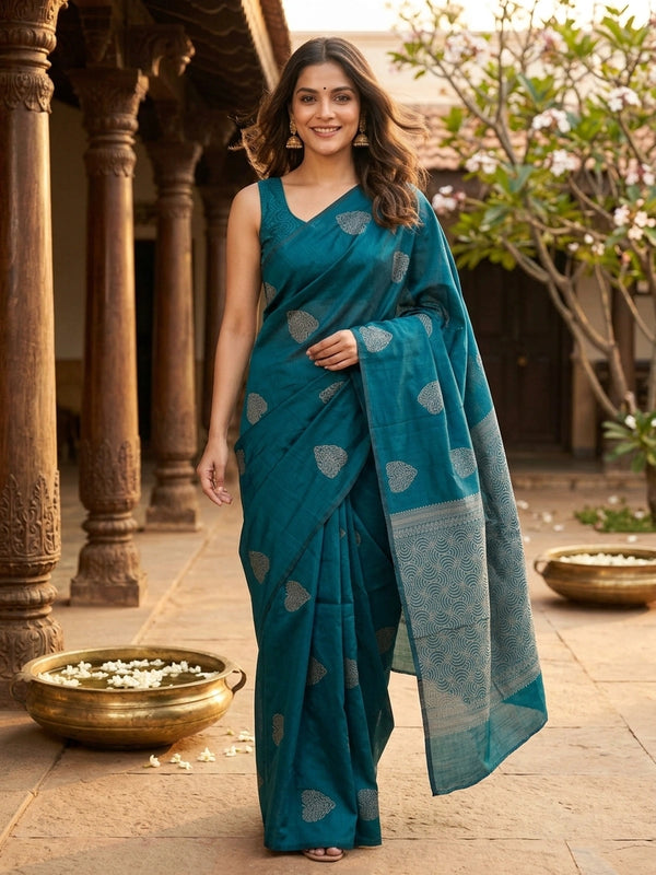 Peacock teal blue silk cotton saree with beige woven buta motifs and patterned pallu