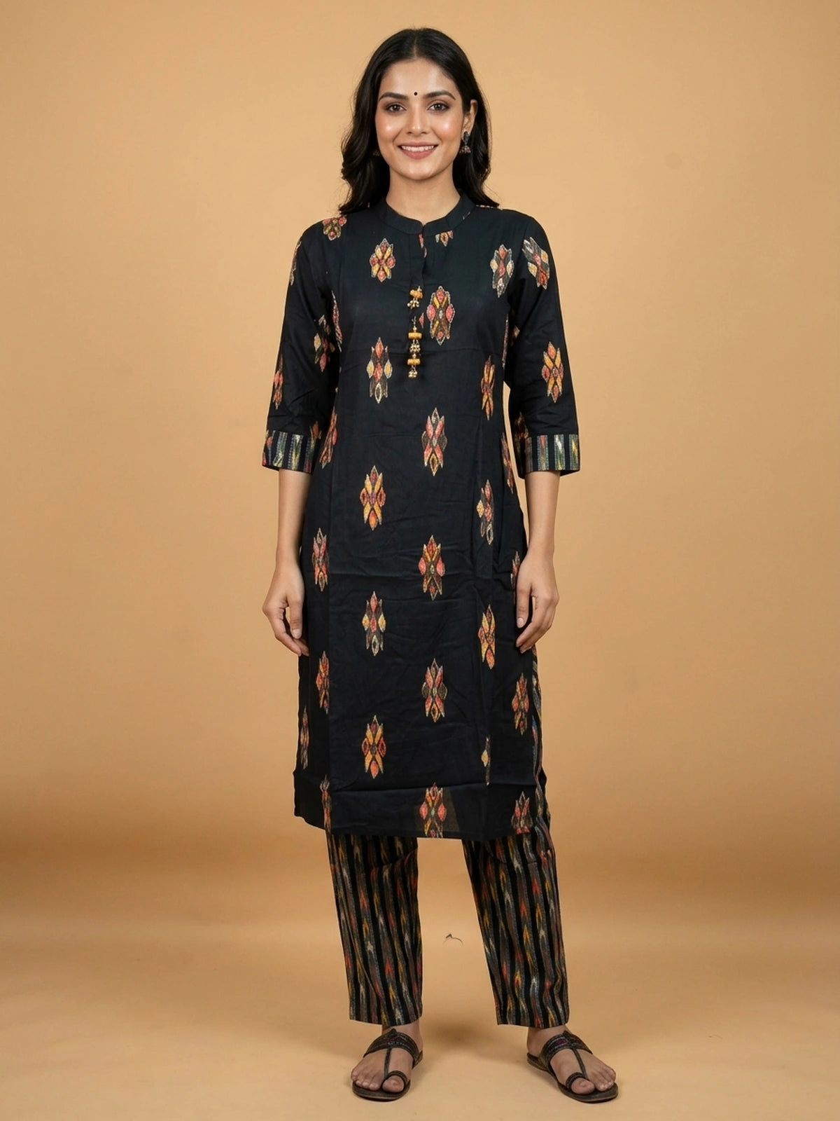 Black ikat print cotton co-ord kurti set with mirror work and matching printed pants