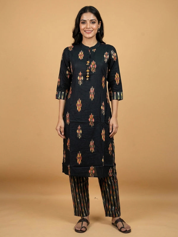 Black ikat print cotton co-ord kurti set with mirror work and matching printed pants