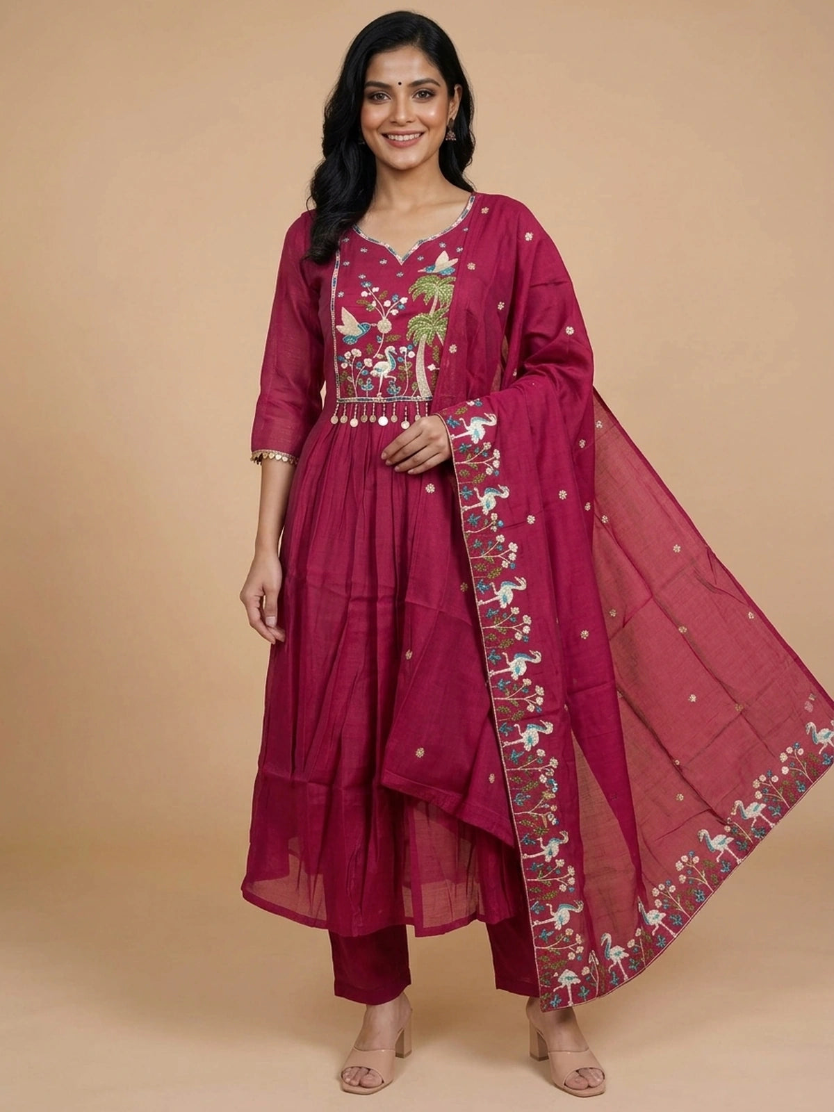 Rani Pink embroidered Anarkali kurti set with bird and palm motifs and matching dupatta