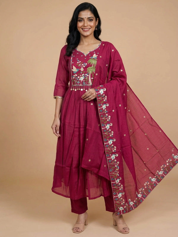 Rani Pink embroidered Anarkali kurti set with bird and palm motifs and matching dupatta