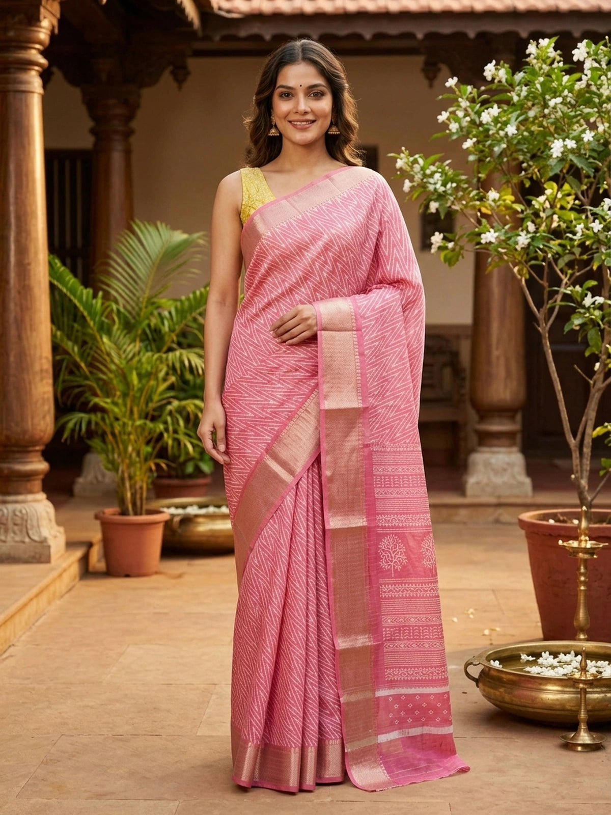 Pink and white chevron print designer saree with gold zari border and tree-motif pallu