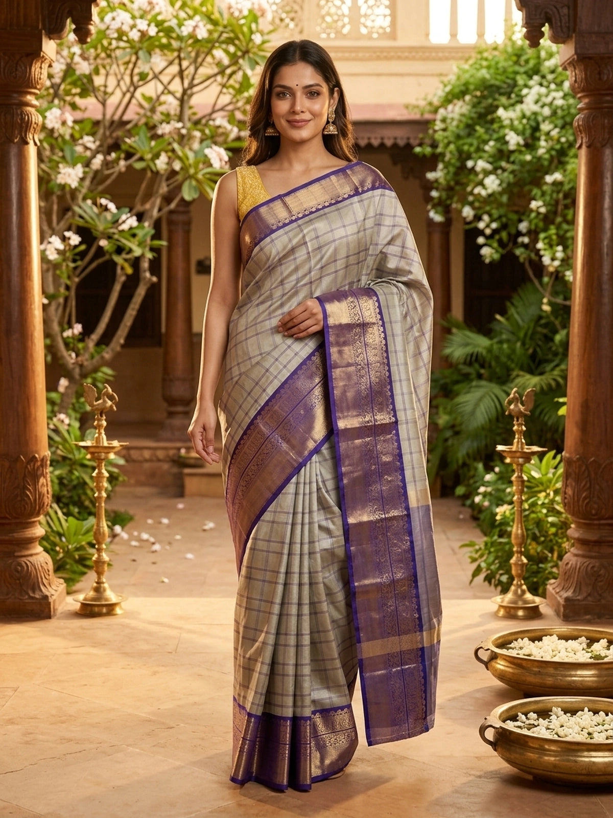 Sage green checked Kanchi semi silk saree with contrast violet gold zari border and pallu