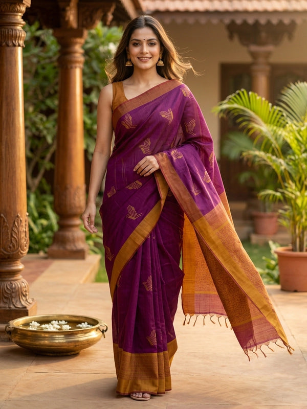 Magenta purple pure silk cotton saree with contrast mustard border, geometric gold buttas and tasselled pallu