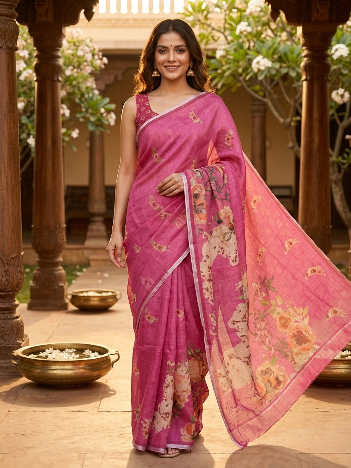 Pink floral linen cotton saree with watercolour floral pallu and silver zari border