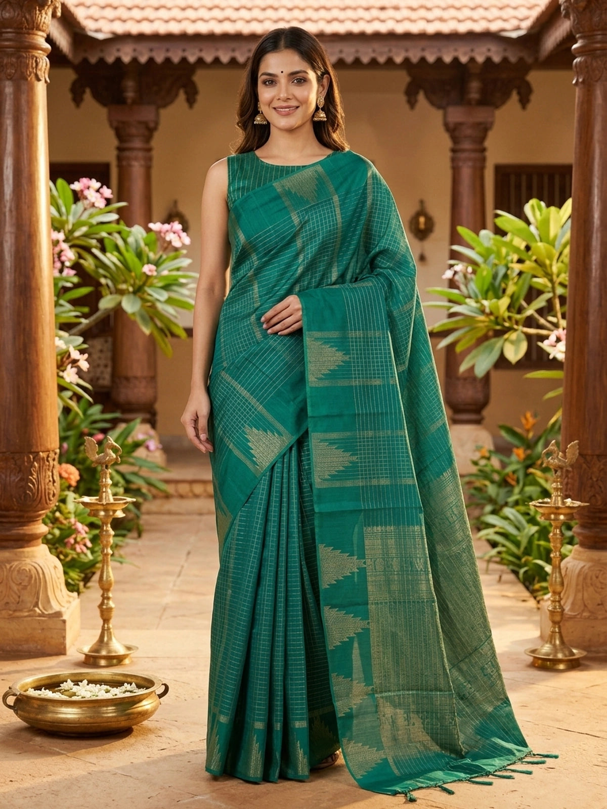 Teal green pure silk cotton saree with gold zari checks and contrast temple zari border