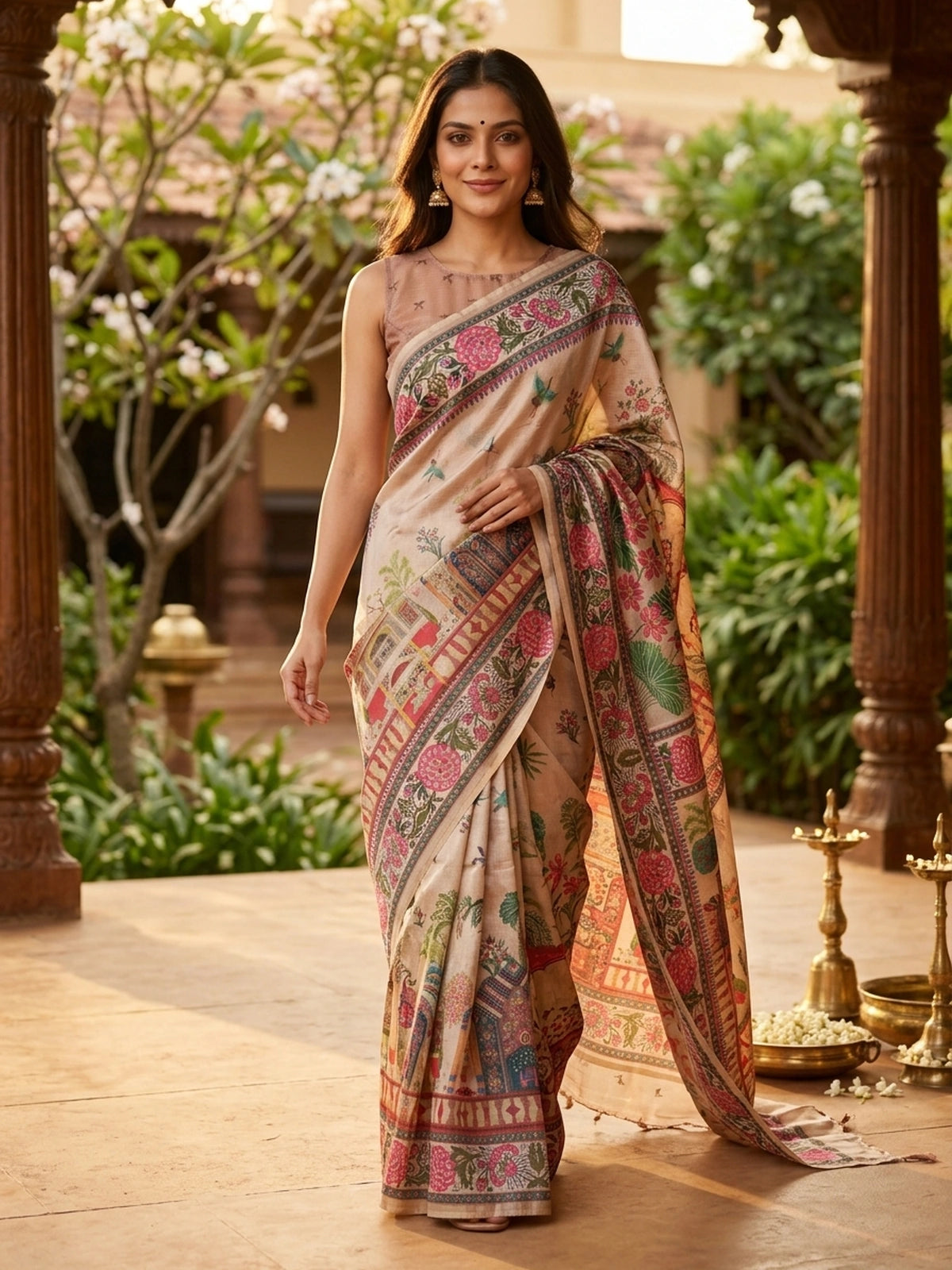Cream semi tussar saree with multicolour Mughal-garden digital print, peacock and lotus motifs and floral border