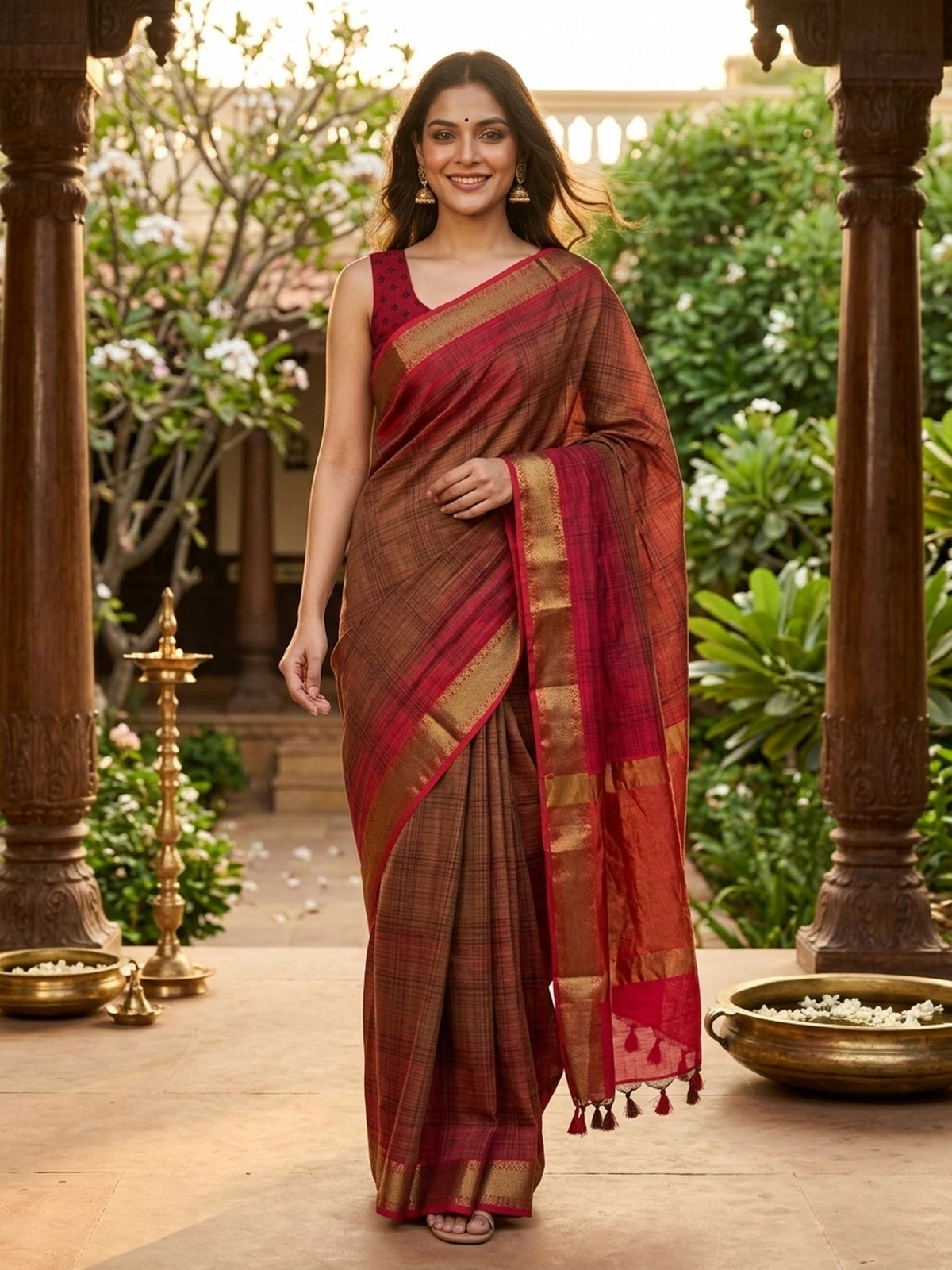 Red and gold semi tussar saree with black checked body and contrast gold zari border