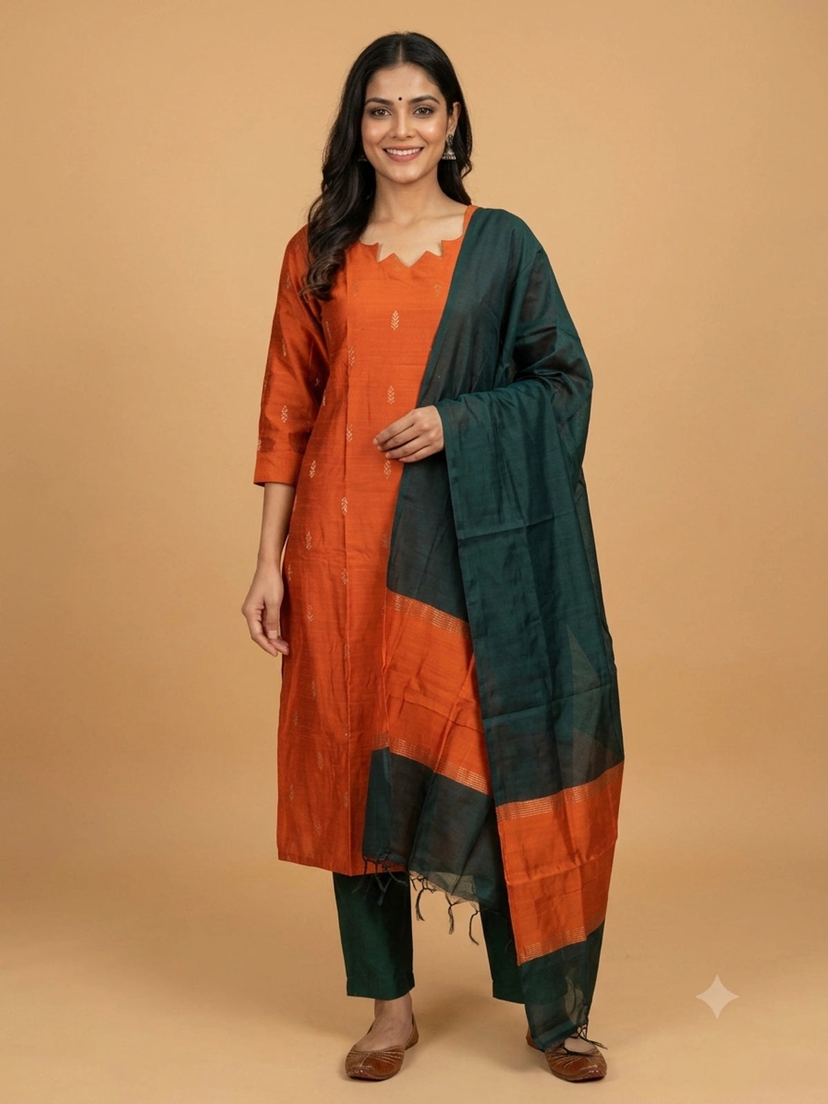 Rust orange zari butta silk blend straight cut kurti set with deep green pants and dupatta