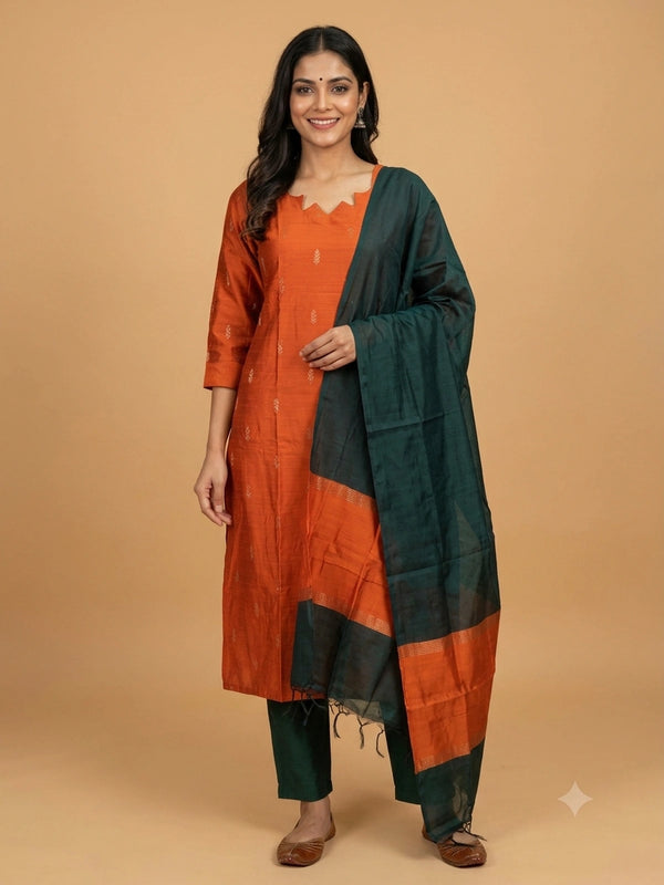 Rust orange zari butta silk blend straight cut kurti set with deep green pants and dupatta