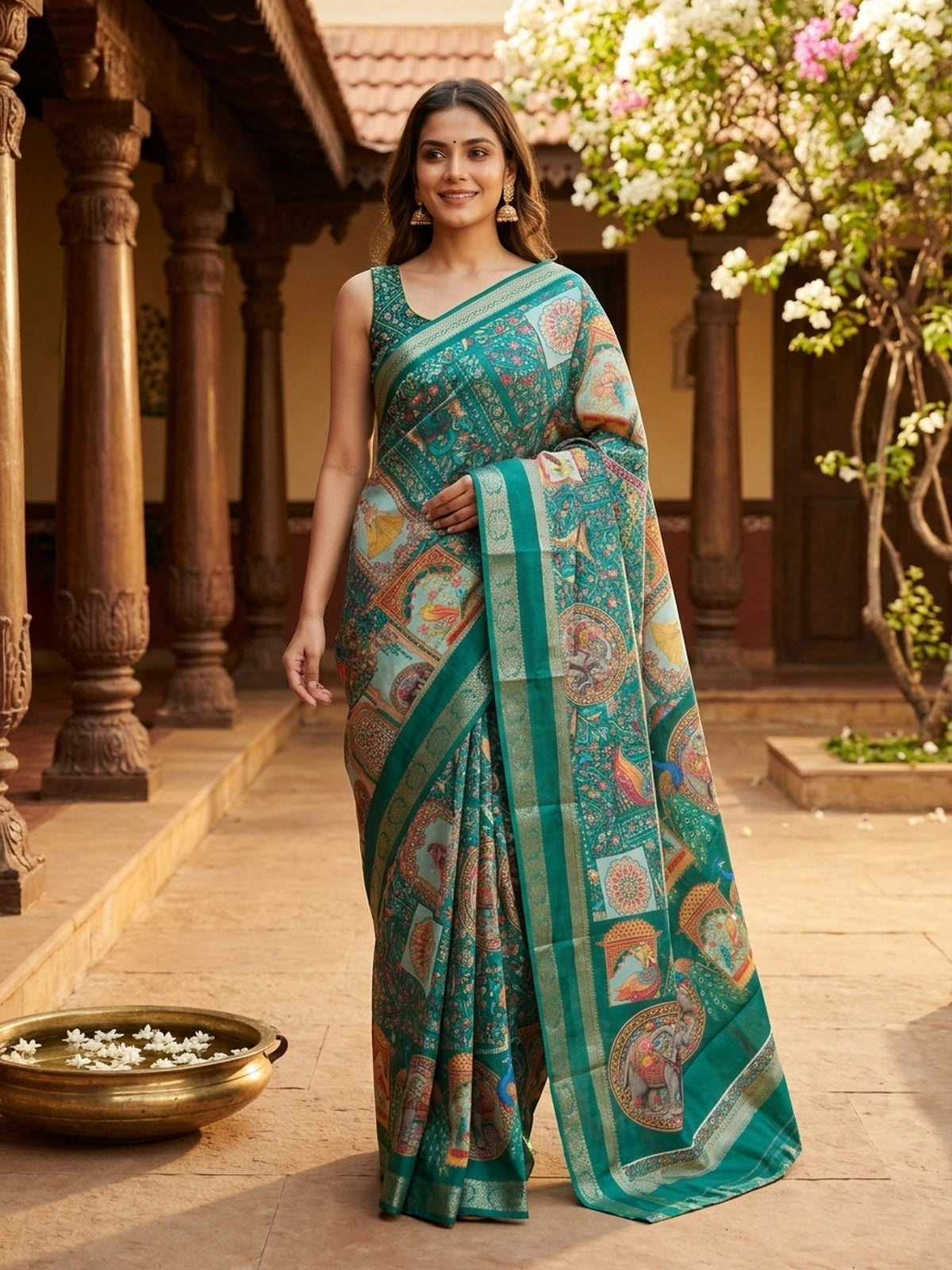 Teal Green Dola Silk Saree