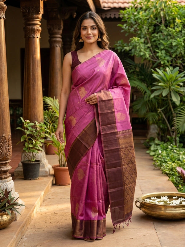 Pink and maroon Kanchipuram Pure Mix saree with gold zari paisley buttas and contrast border