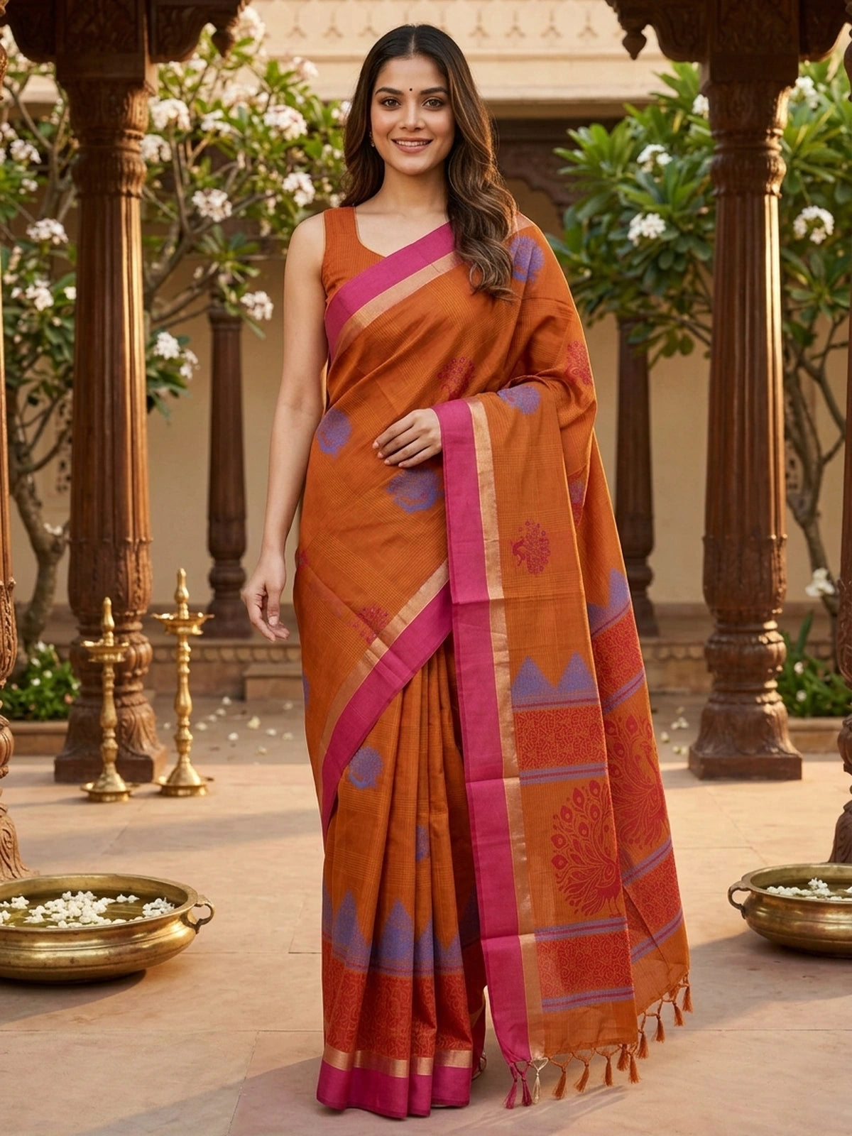 Rust Orange and Pink Nagamam Cotton Saree
