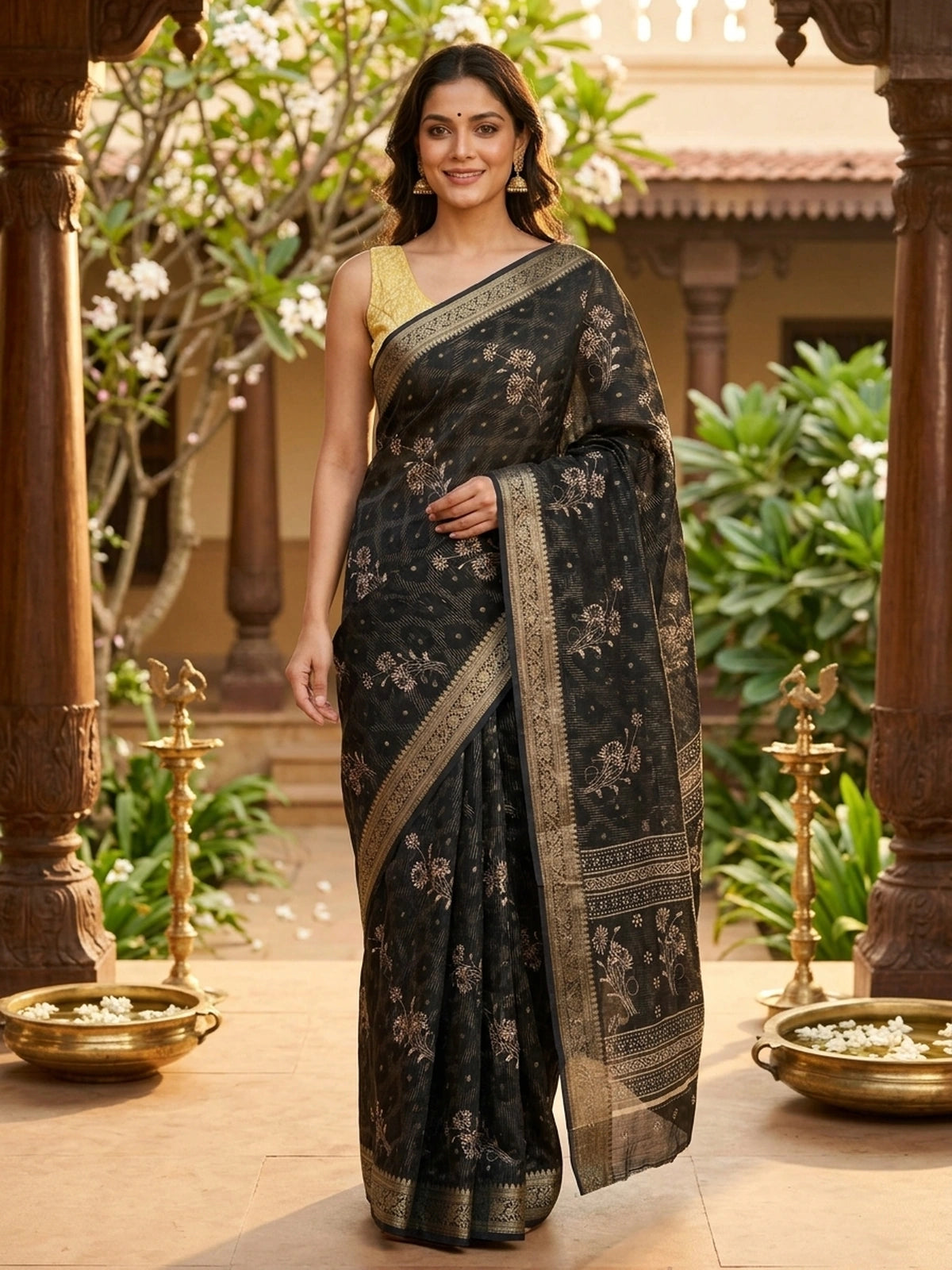 Black designer georgette saree with gold zari border and floral printed body