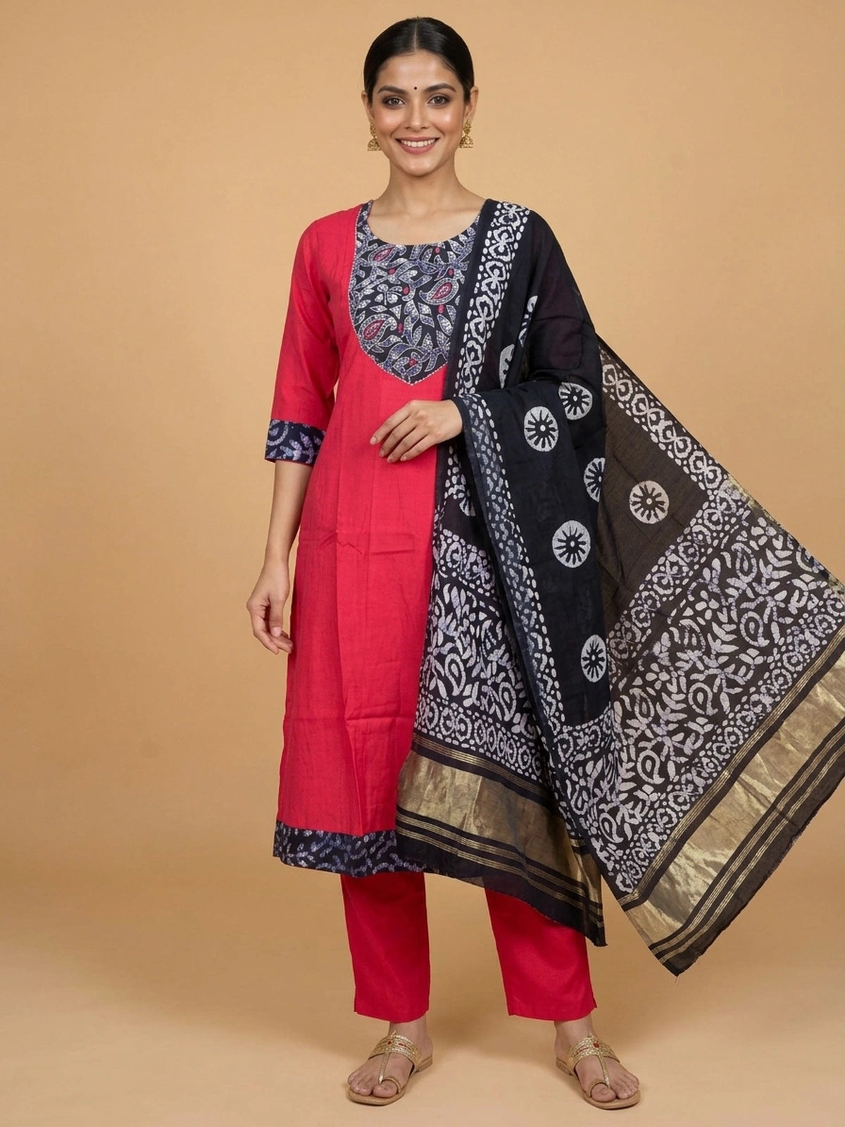 Red cotton A-line kurti set with navy batik embroidered yoke and black batik dupatta