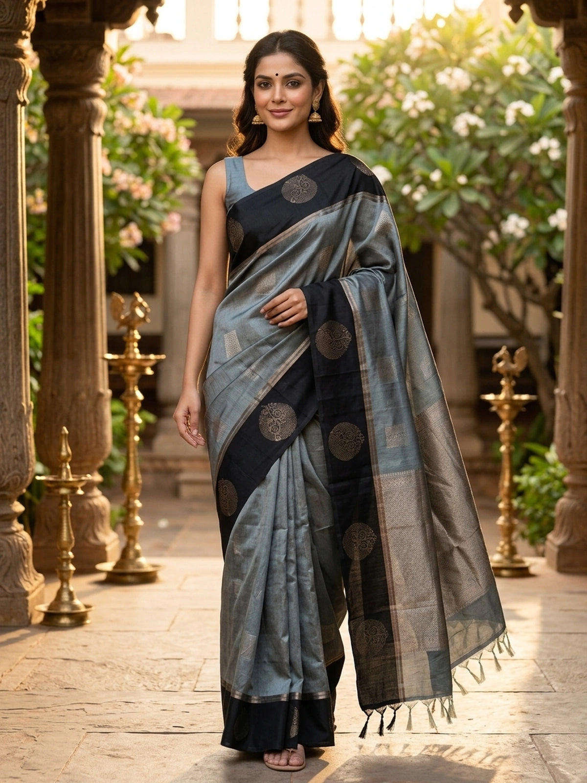 Grey and black Kanchipuram fancy silk saree with copper-gold zari butta motifs and contrast zari border