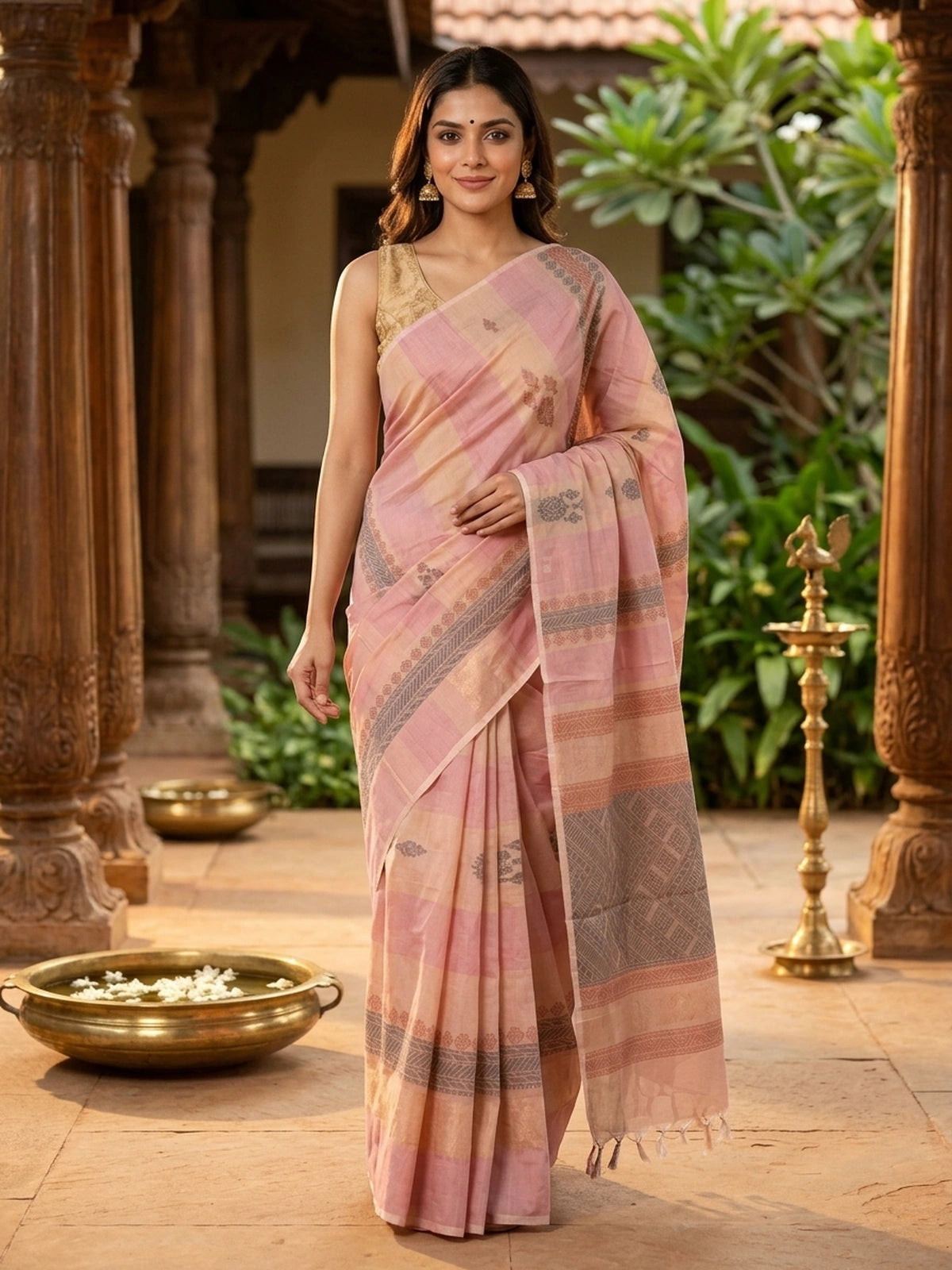 Pink and Beige Nagamam Cotton Saree