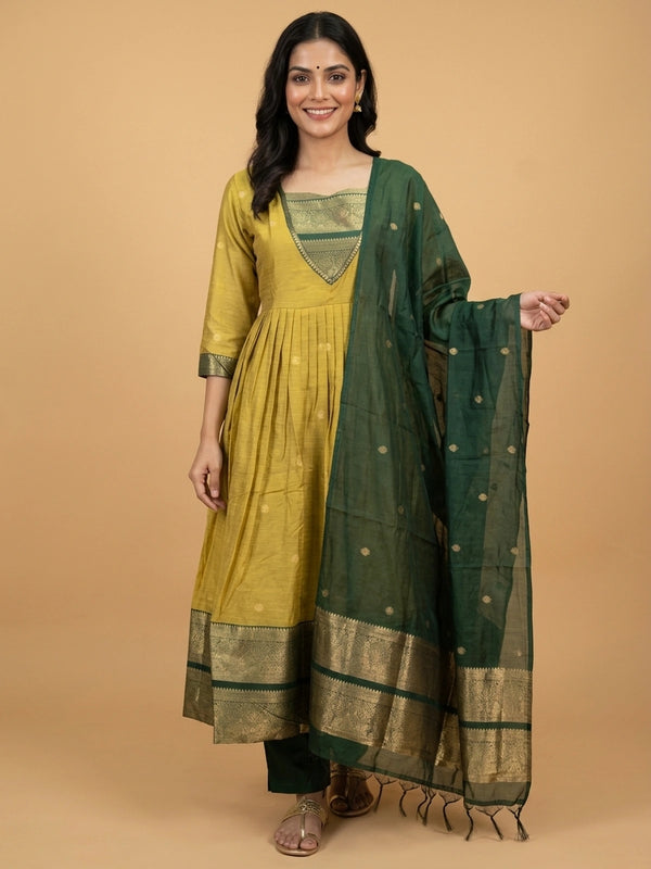 Mustard and green zari woven cotton silk Anarkali kurti set with contrast V-yoke and green dupatta