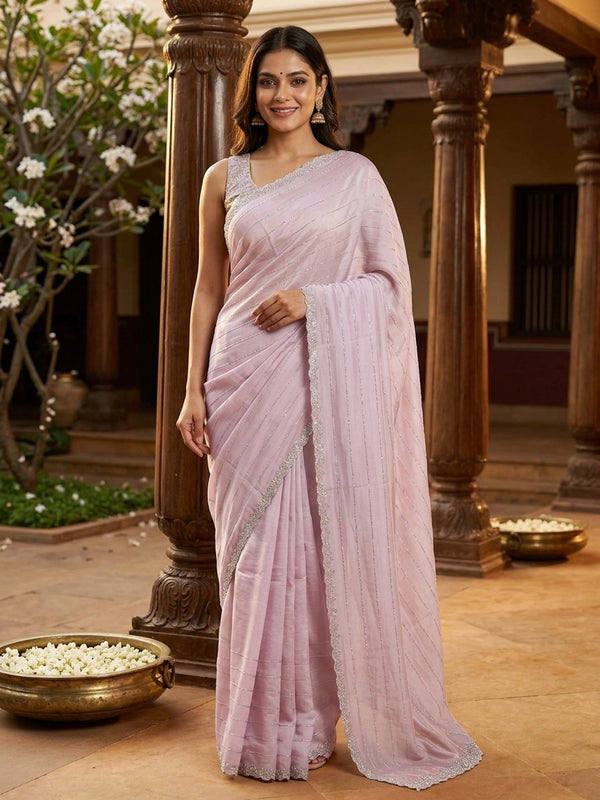Lilac pink designer chiffon saree with silver sequin stripes and scalloped stone border