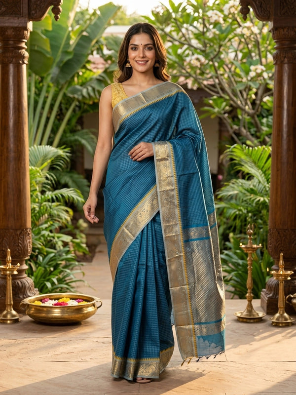 Teal blue Chettinad cotton saree with gold zari temple border, woven checks, and contrast yellow blouse