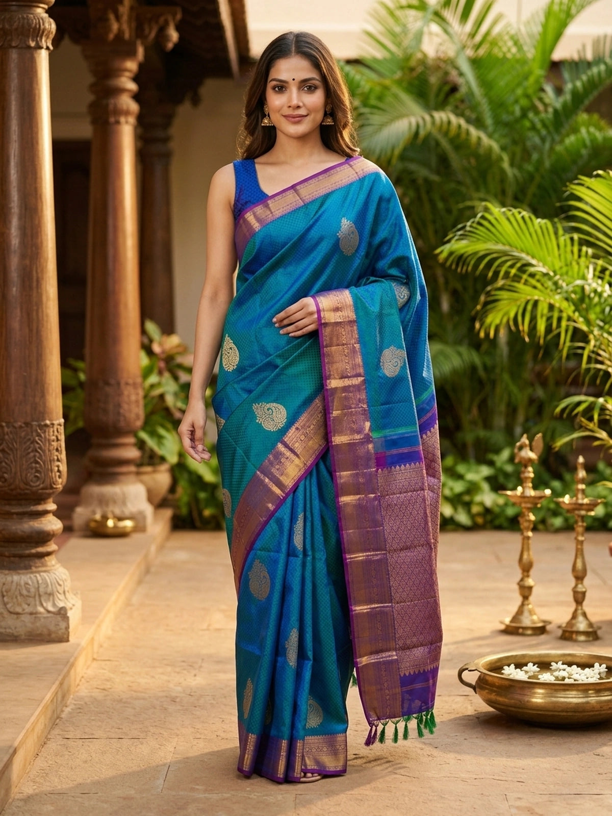 Peacock Blue and Purple Pure Kanchipuram Silk Saree