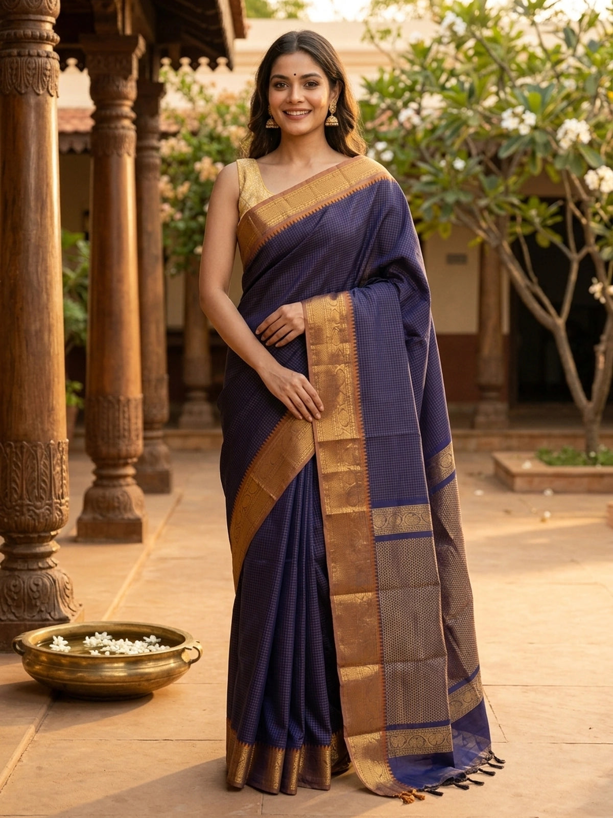 Navy Blue and Gold Chettinad Cotton Saree
