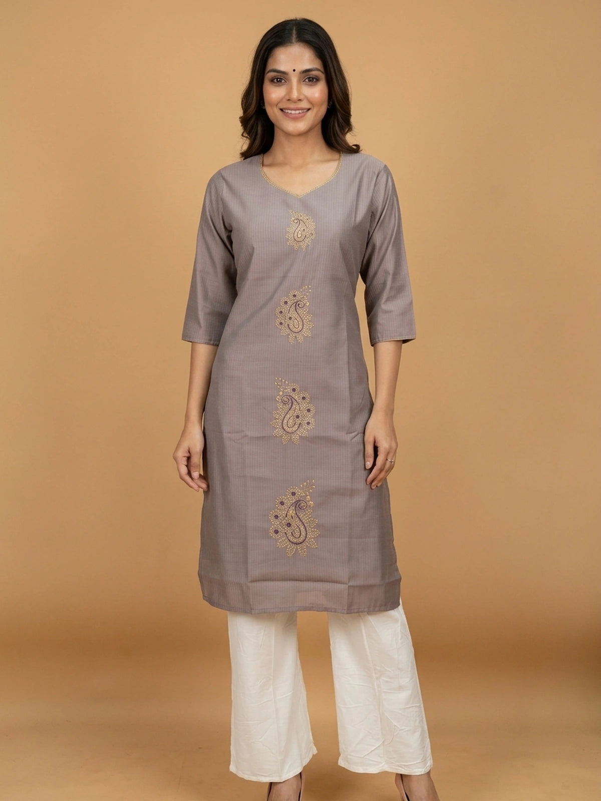 Mauve Grey paisley embroidered cotton straight cut kurti top with gold lace neckline