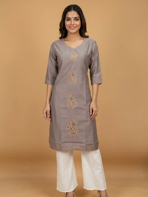 Mauve Grey paisley embroidered cotton straight cut kurti top with gold lace neckline