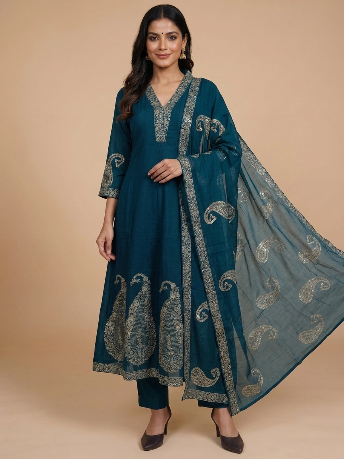 Teal zari embroidered paisley Anarkali kurti set with pants and dupatta