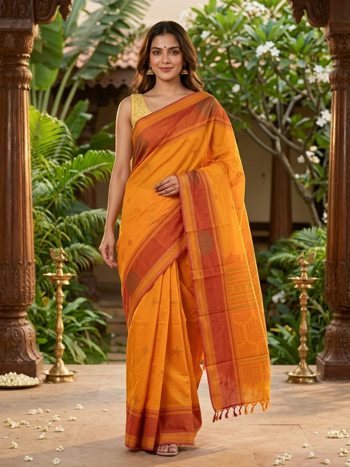 Mustard semi raw silk saree with contrast rust border and kolam-motif pallu