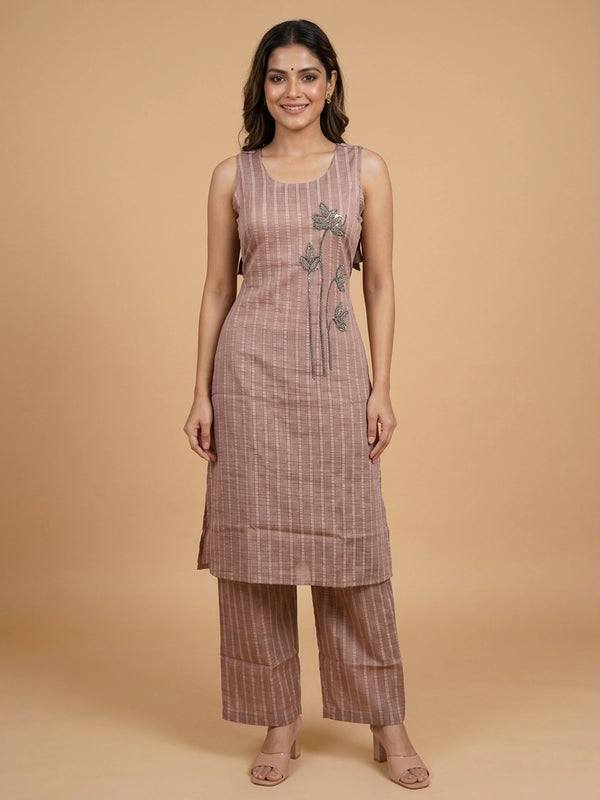 Dusty mauve striped cotton sleeveless straight cut kurti set with beaded floral embroidery and matching pants