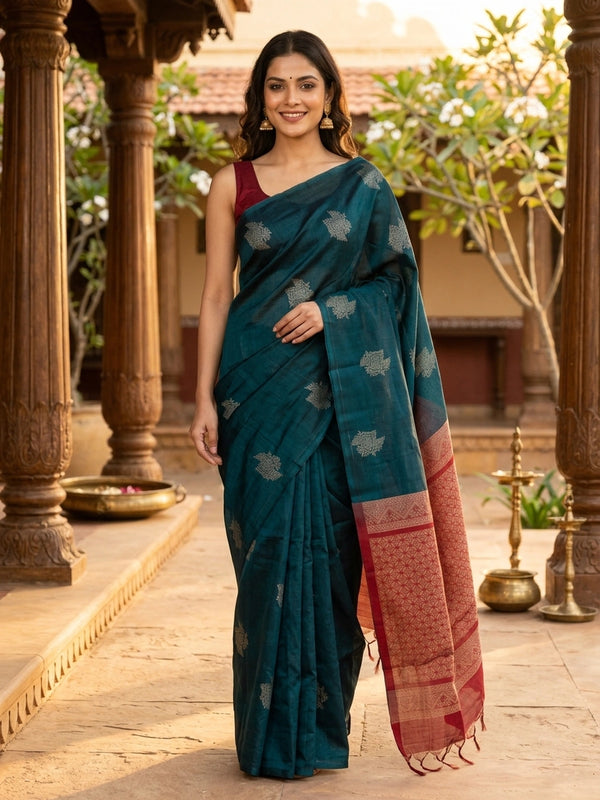 Teal green pure silk cotton saree with contrast maroon border, woven butta motifs, and geometric maroon pallu