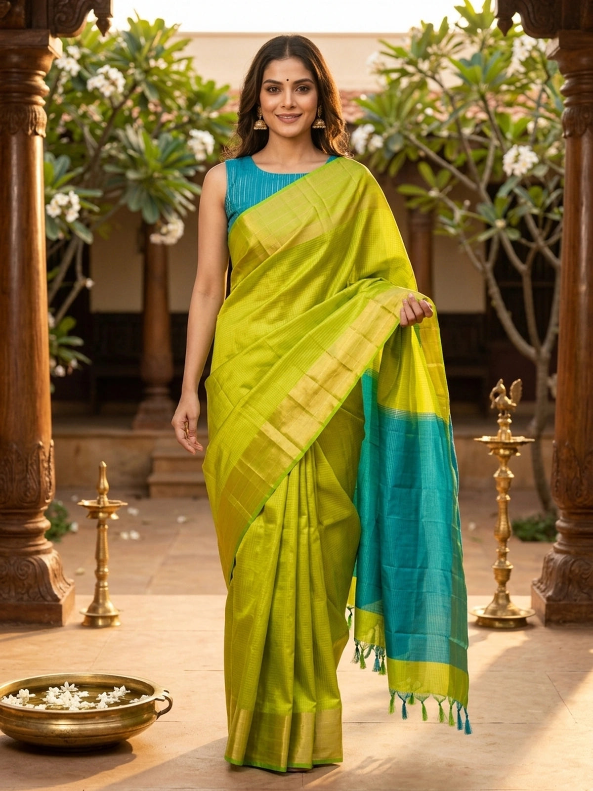 Parrot green Pure Kanchipuram silk saree with gold zari checks, gold zari border and contrasting teal pallu
