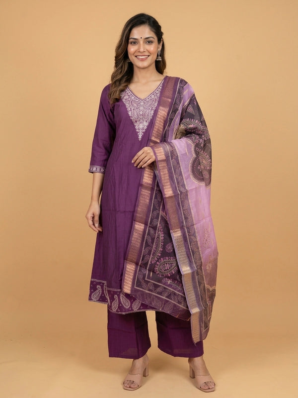 Purple embroidered cotton A-Line kurti set with pants and printed dupatta