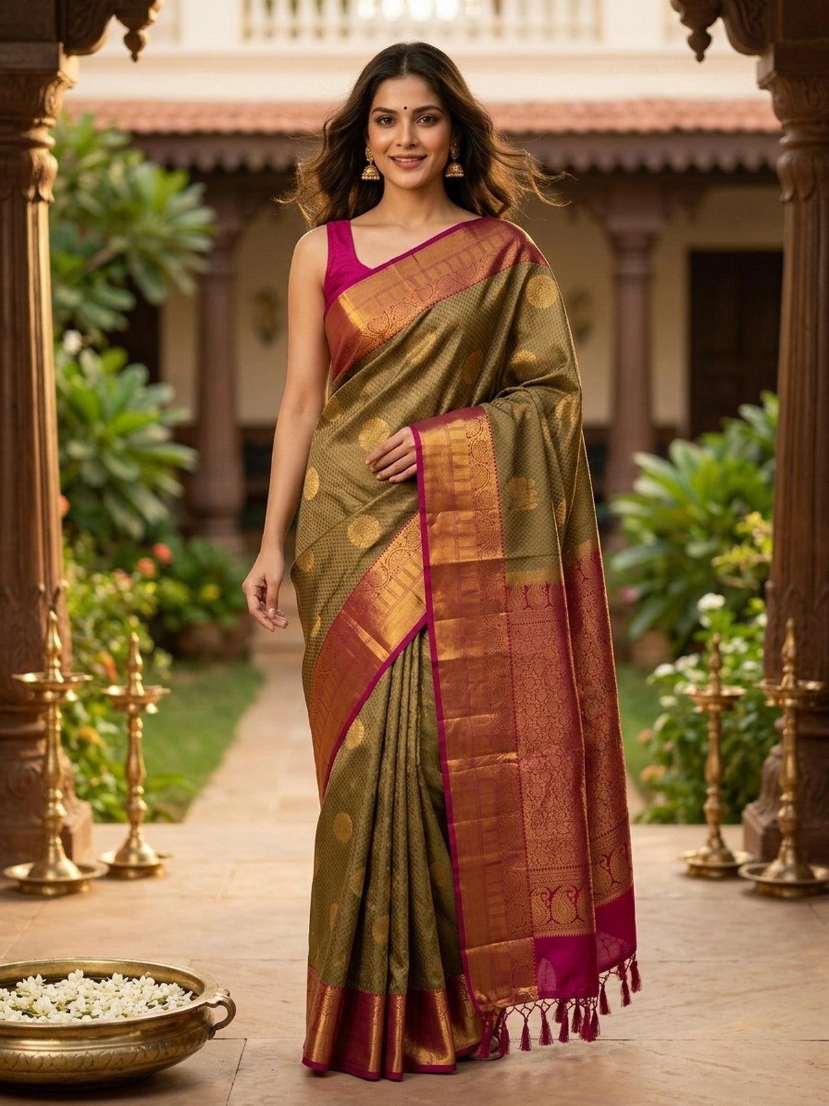Mehendi green pure Kanchipuram silk saree with contrast magenta border and gold zari pallu