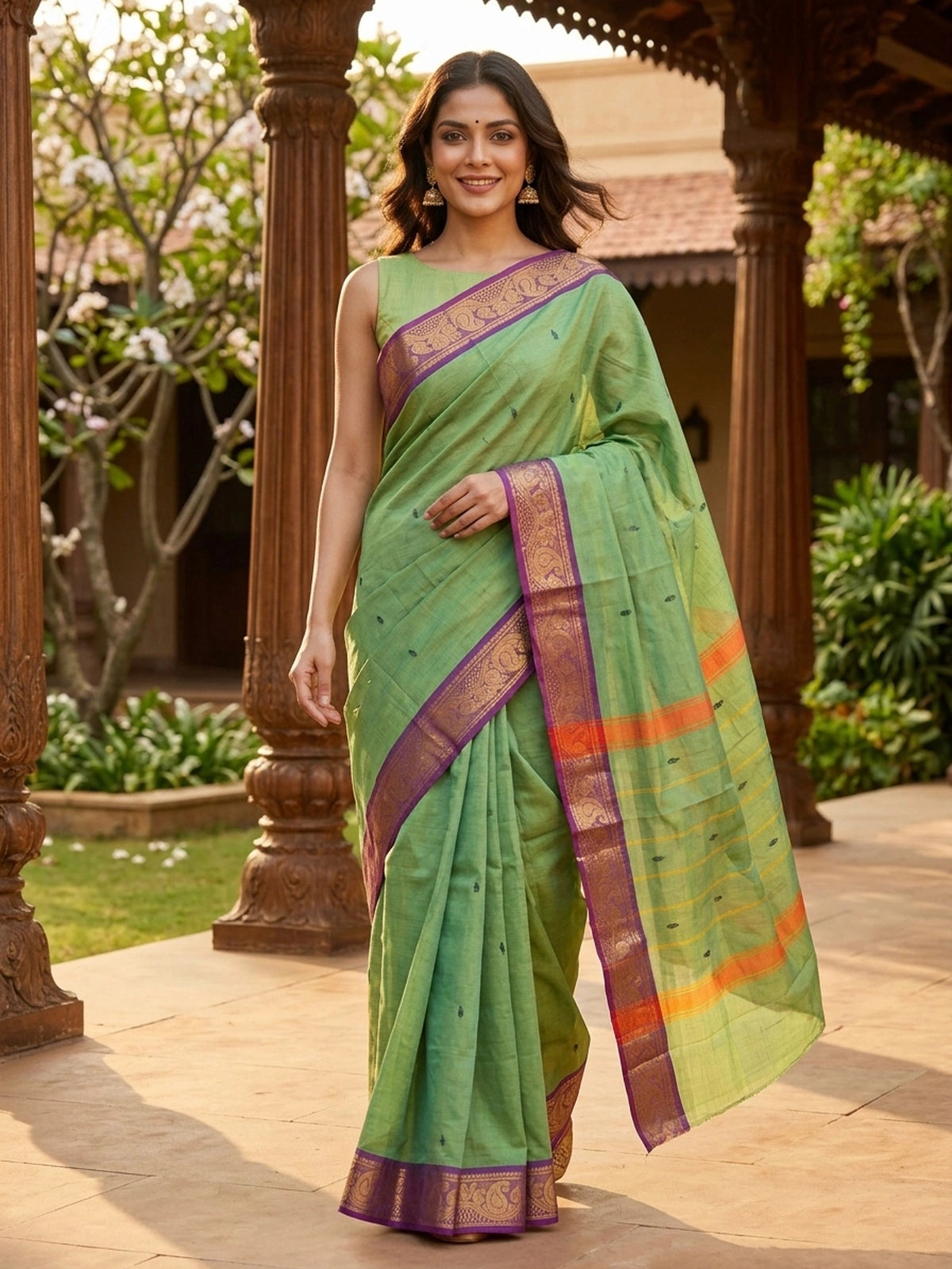 Green Chettinad cotton saree with purple gold zari paisley border and yellow-striped pallu