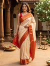 Cream and Red Pure Kanchipuram Silk Saree