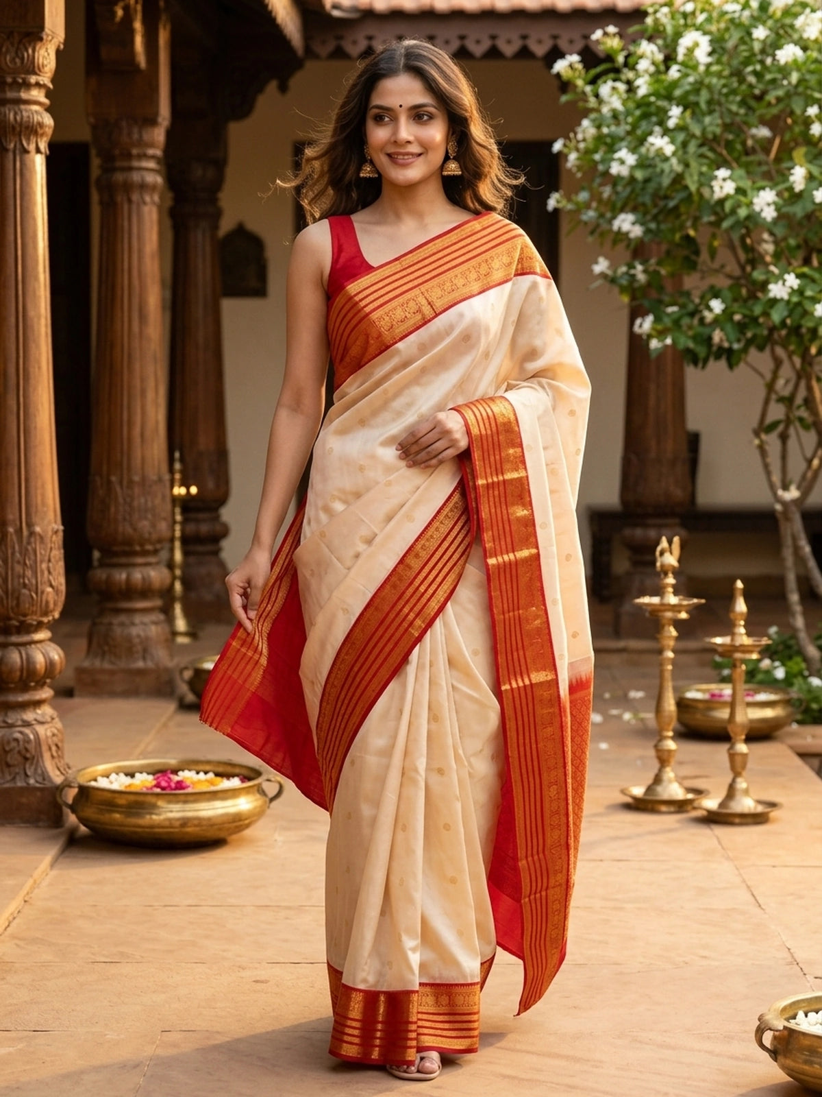Cream pure Kanchipuram silk saree with contrast red gold zari border and pallu