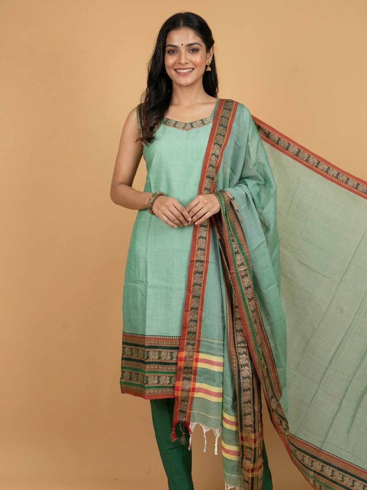 Sea Green handloom cotton straight cut kurti set with maroon peacock woven border and matching dupatta