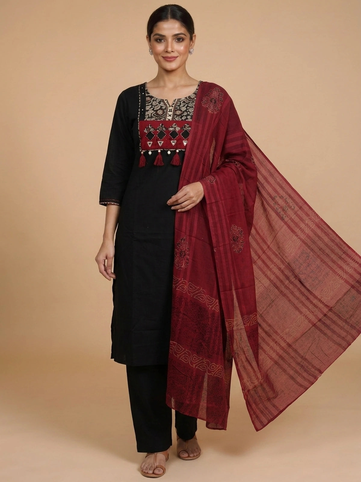 Black cotton straight cut kurti set with mirror work yoke and maroon block-print dupatta