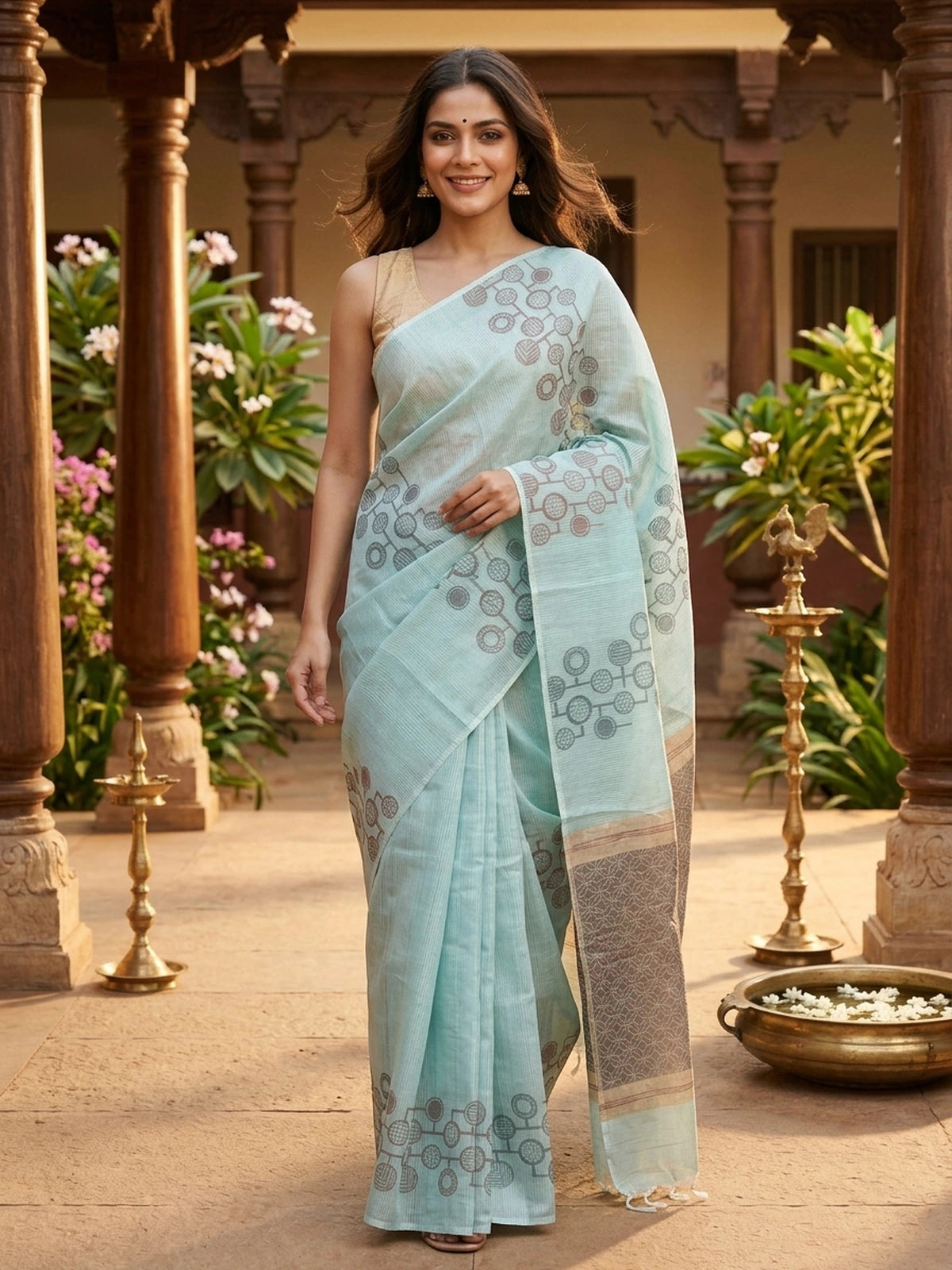 Aqua blue and grey silk cotton saree with circular motifs and copper zari border