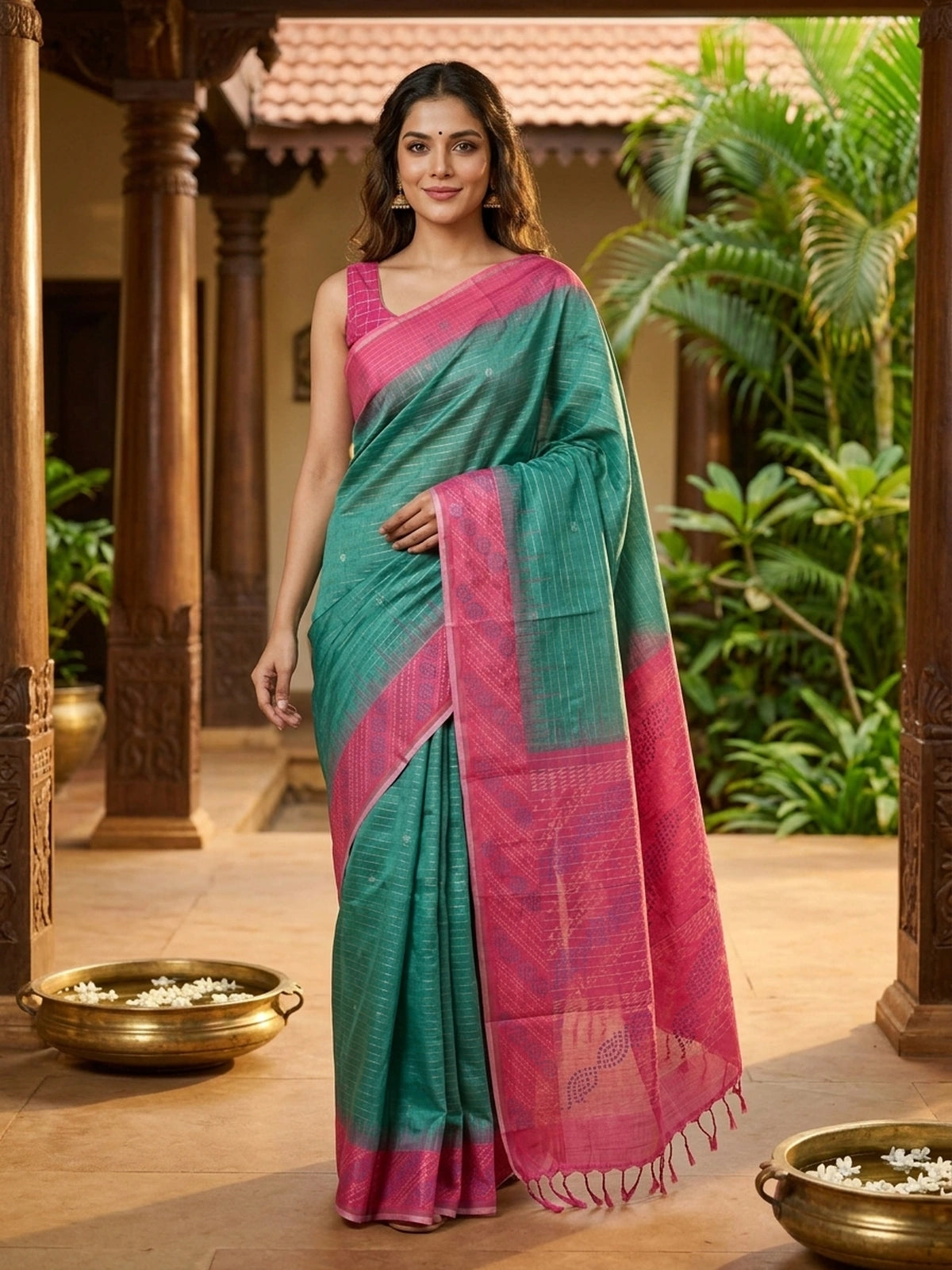 Teal Green and Pink Dola Silk Saree
