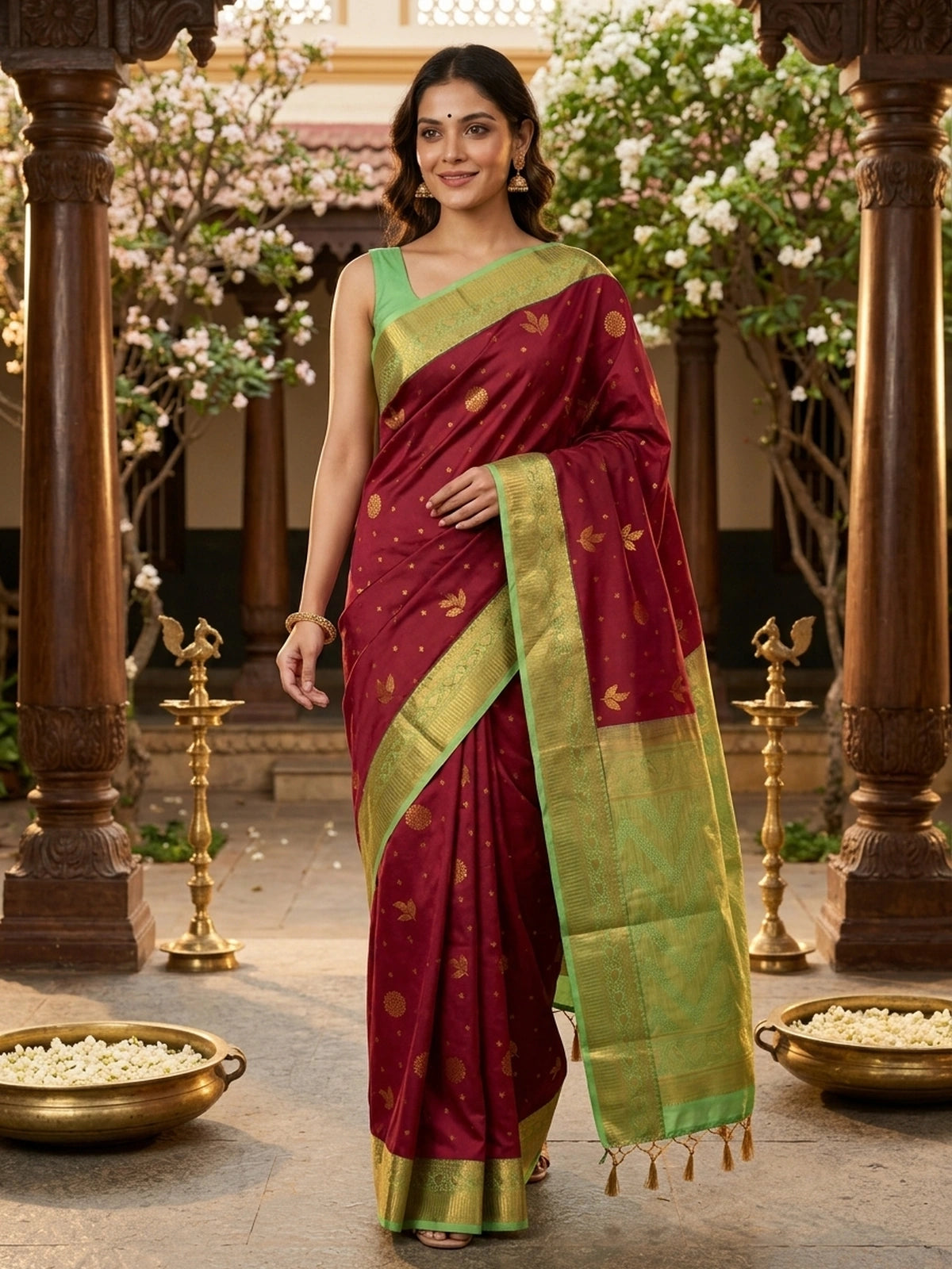 Maroon semi silk saree with gold zari buttas and contrast green zari border and pallu
