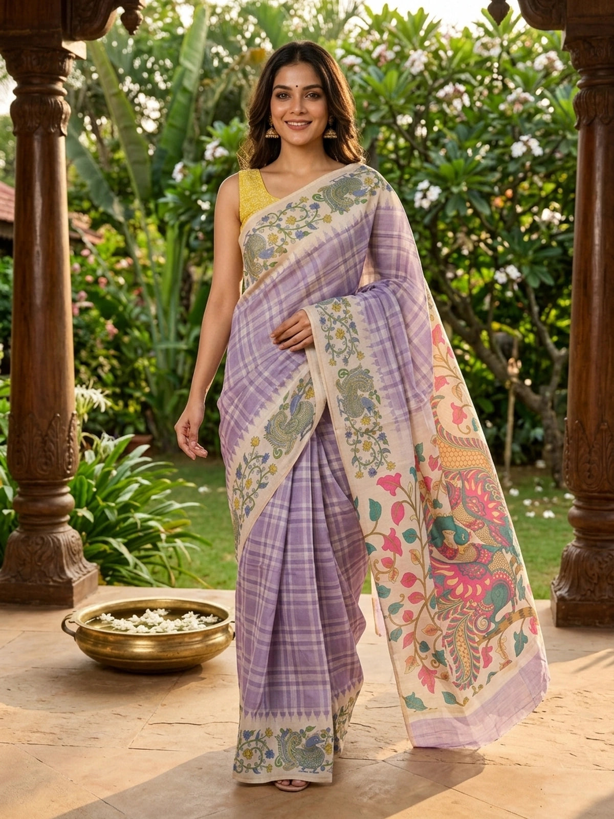 Lavender and cream checked linen cotton saree with Kalamkari peacock and floral printed pallu and border