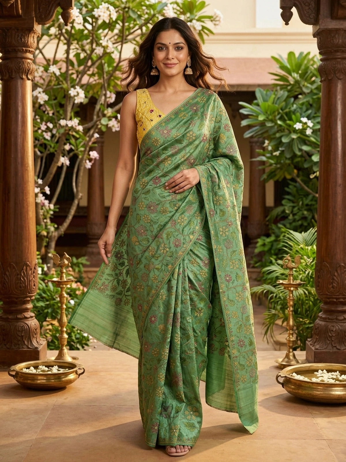 Green Multicolour Floral Designer Semi Tussar Saree