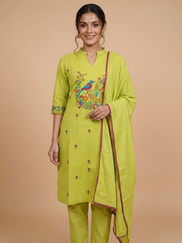 Lime green cotton straight cut kurti set with multicoloured bird embroidery and matching dupatta